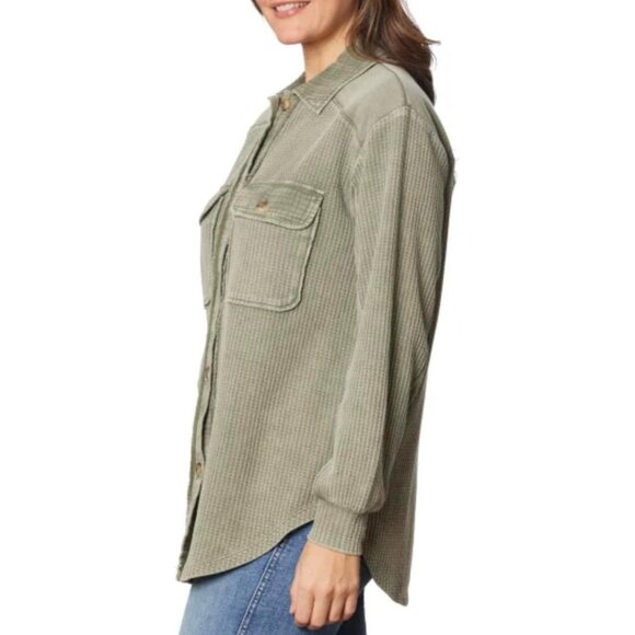 Briggs NWT Women's Relaxed Fit Button Long Sleeve Waffle Shirt Green - Picture 2 of 13